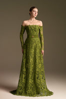 Green CULT MIA X I.H.F long sleeve A-line gown with off-shoulder design, featuring a flowing silhouette and elegant style.