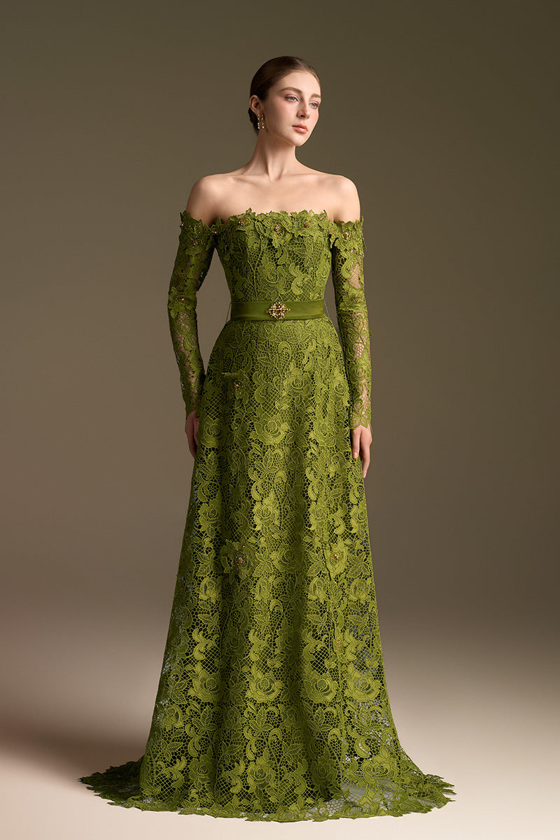 Green CULT MIA X I.H.F long sleeve A-line gown with off-shoulder design, featuring a flowing silhouette and elegant style.