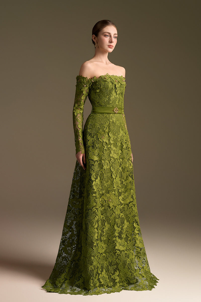 Green long sleeve A-line gown by I.H.F featuring off-shoulder design and elegant silhouette.