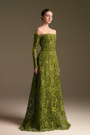Green long-sleeve A-line gown by I.H.F featuring off-shoulder design and elegant silhouette.