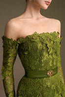 Green I.H.F CULT MIA X long sleeve off-shoulder A-line gown with elegant design and flowing fabric.