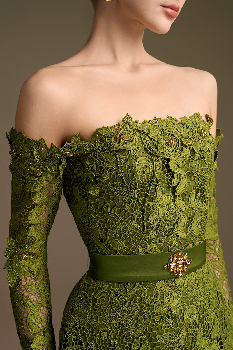 Green I.H.F CULT MIA X long sleeve off-shoulder A-line gown with elegant design and flowing fabric.