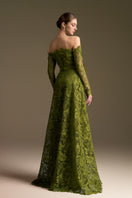 Green CULT MIA X I.H.F long sleeve off-shoulder A-line gown with a flowing silhouette and elegant design.