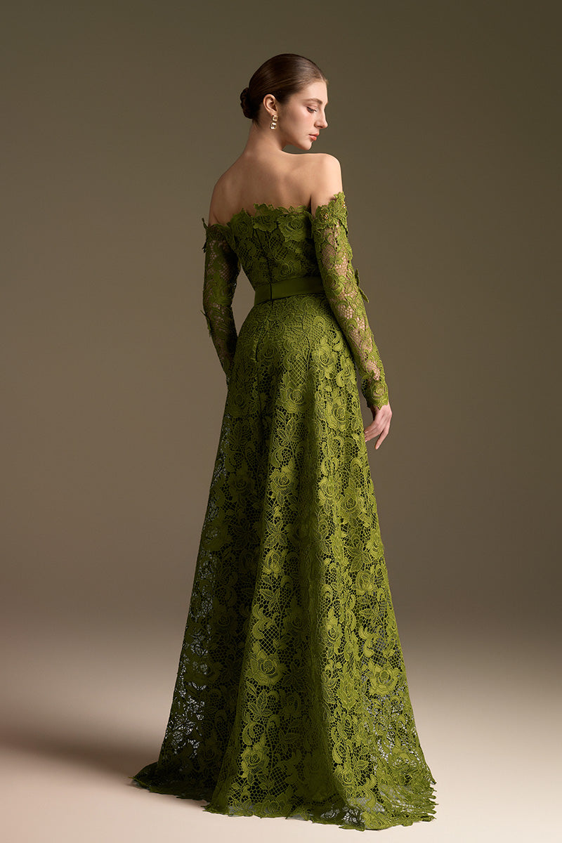 Green CULT MIA X I.H.F long sleeve off-shoulder A-line gown with a flowing silhouette and elegant design.
