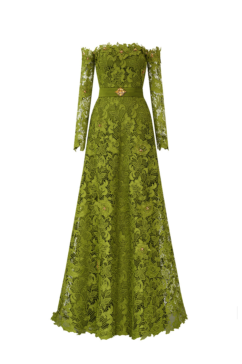 Green I.H.F CULT MIA X long sleeve A-line gown with off-shoulder design, stylish and elegant for formal occasions.