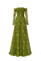Green CULT MIA X I.H.F long sleeve off-shoulder A-line gown with elegant design and flowing fabric.