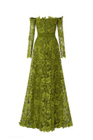 Green I.H.F CULT MIA X long sleeve A-line gown with off-shoulder design, elegant and flowing for stylish occasions.