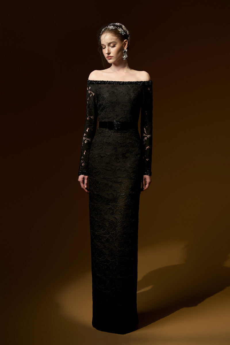 black guipure long sleeve maxi dress GUIPURE LACE AND TAFFETA DRESS IN BLACK | CULT MIA