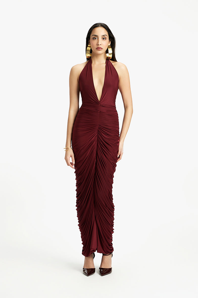 Deme By Gabriella Susan V-neck maxi dress in flowing fabric, featuring a relaxed fit and elegant design, shown in a full-length view.