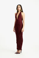 Deme By Gabriella Susan V-neck maxi dress in flowy fabric with a fitted waist and elegant length, perfect for summer or special occasions.