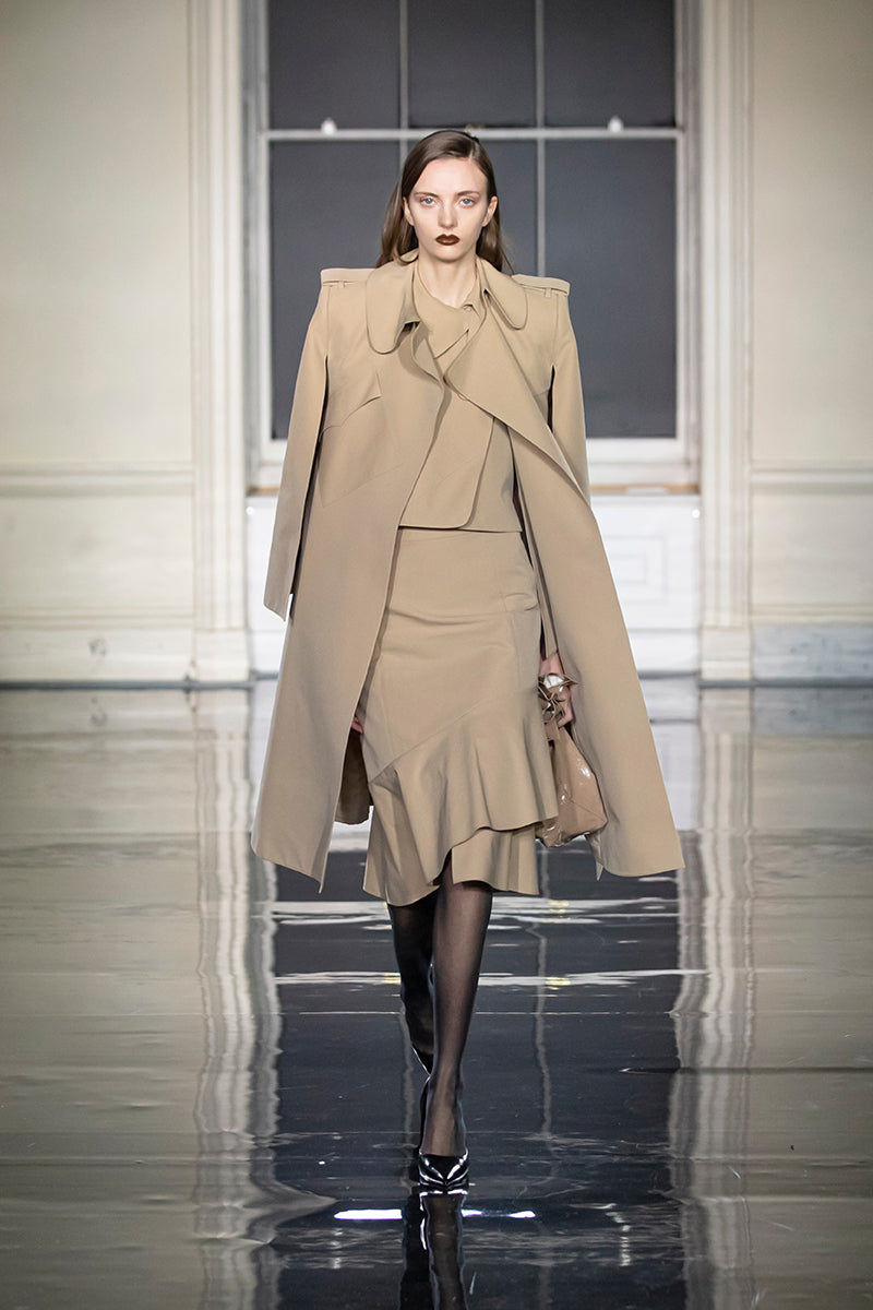 DITTANY TWILL ASYMMETRICAL COLLAR DETAIL CROPPED COAT IN SAND
