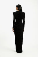 Deme By Gabriella Grace long sleeve maxi dress in flowy fabric, featuring a fitted waist and elegant design.