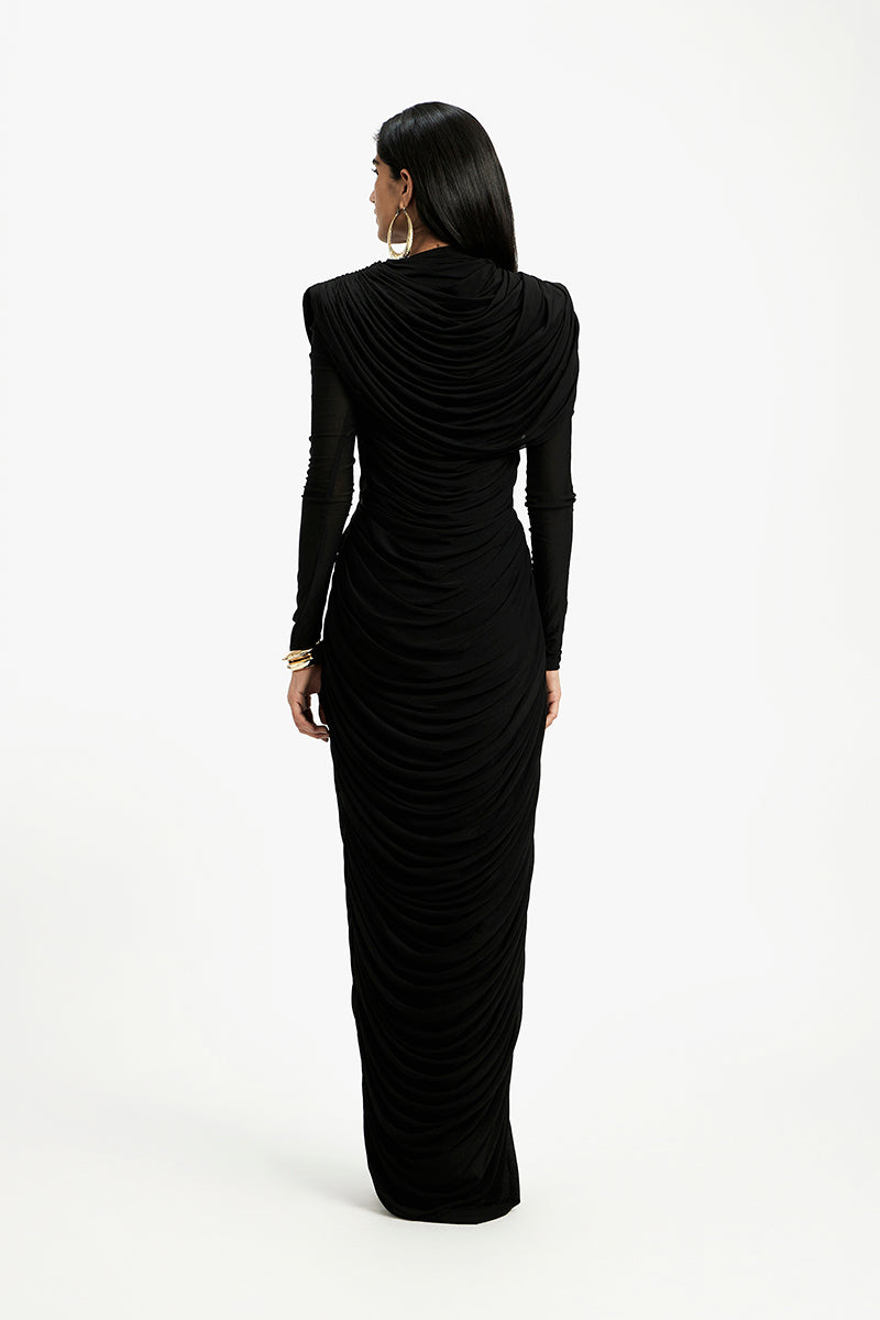 Deme By Gabriella Grace long sleeve maxi dress in flowy fabric, featuring a fitted waist and elegant design.