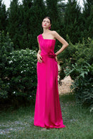 Elegant I.H.F pleated one-shoulder column gown with rose draped details, showcasing its sophisticated design and flowing silhouette.