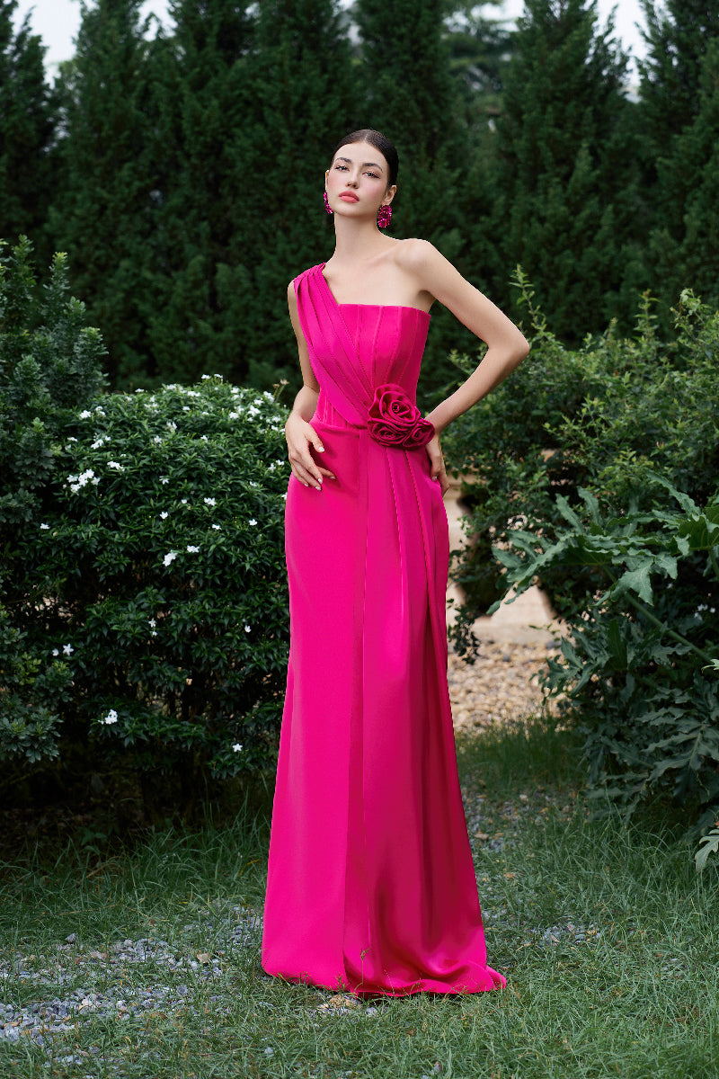 Elegant I.H.F pleated one-shoulder column gown with rose draped details, showcasing its sophisticated design and flowing silhouette.