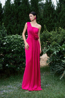 Elegant I.H.F pleated one-shoulder column gown with rose draped details, showcasing a sleek silhouette and sophisticated style.