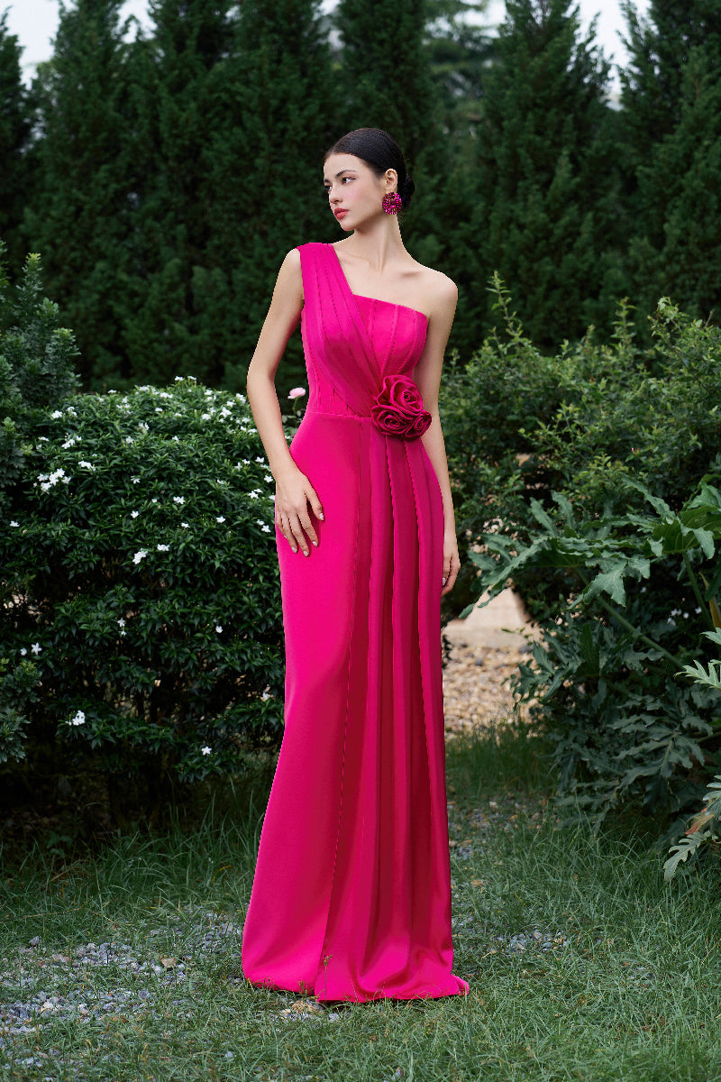 Elegant I.H.F pleated one-shoulder column gown with rose draped details, showcasing a sleek silhouette and sophisticated style.