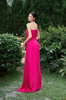 I.H.F pleated one-shoulder column gown with rose draped details, elegant evening dress featuring a sleek silhouette and floral accents.