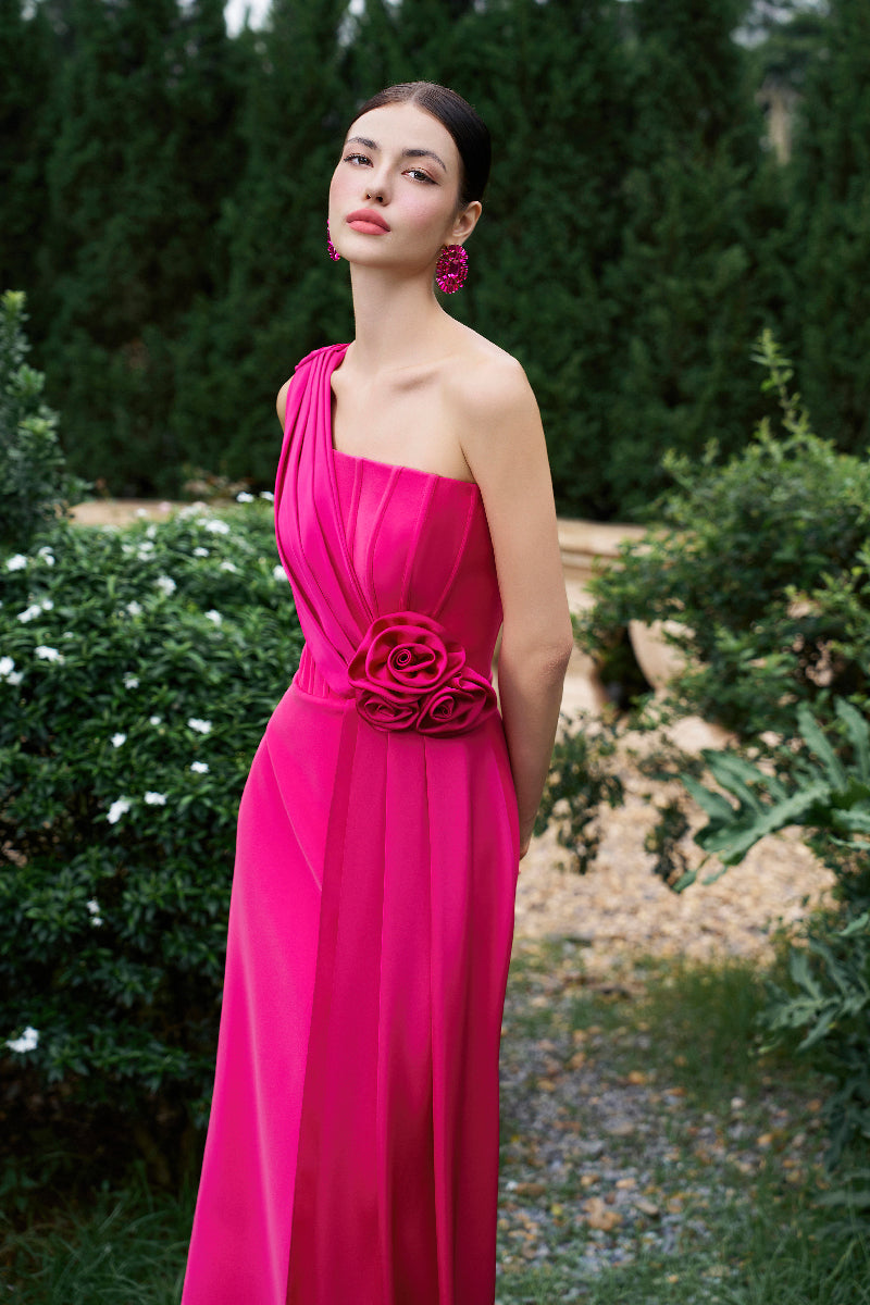 I.H.F pleated one-shoulder column gown with elegant rose draped details, showcasing a sophisticated evening dress.