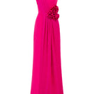 Elegant I.H.F pleated one-shoulder column gown with rose draped details, showcasing a sophisticated evening dress design.