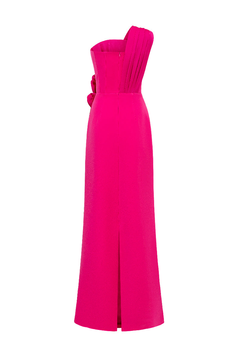 Elegant I.H.F pleated one-shoulder column gown with rose draped details, showcasing a sophisticated evening dress.