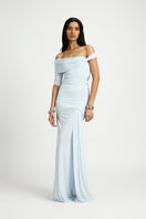 Deme By Gabriella Alba off-shoulder maxi dress with flowing fabric and elegant design, perfect for summer or special occasions.