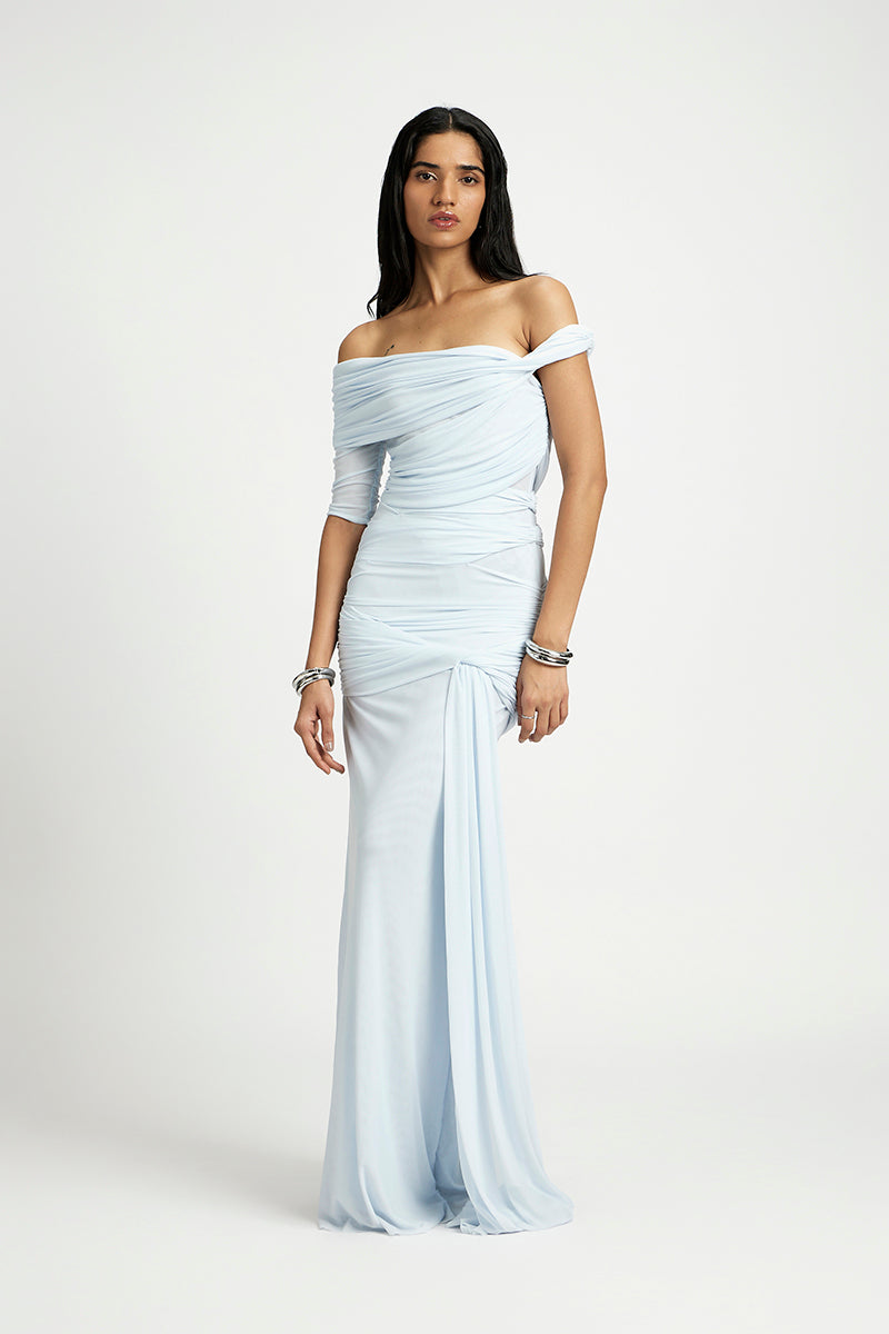Deme By Gabriella Alba off-shoulder maxi dress with flowing fabric and elegant design, perfect for summer or special occasions.