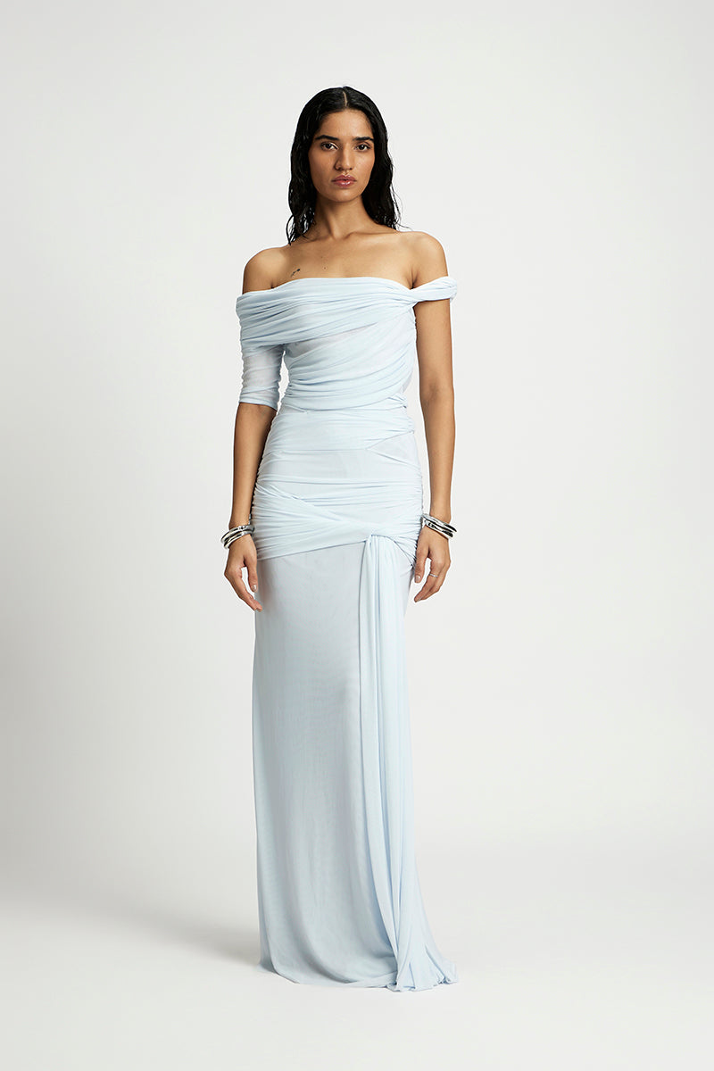 Deme By Gabriella Alba off-shoulder maxi dress in flowy fabric, featuring a relaxed fit and elegant neckline.