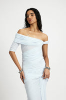 Deme By Gabriella Alba off-shoulder maxi dress in flowy fabric, featuring a relaxed fit and elegant off-shoulder neckline.