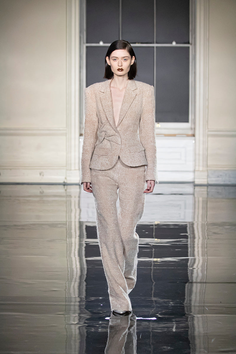 PANOS TWEED ASYMMETRICAL KNOT JACKET IN IVORY/CARAMEL