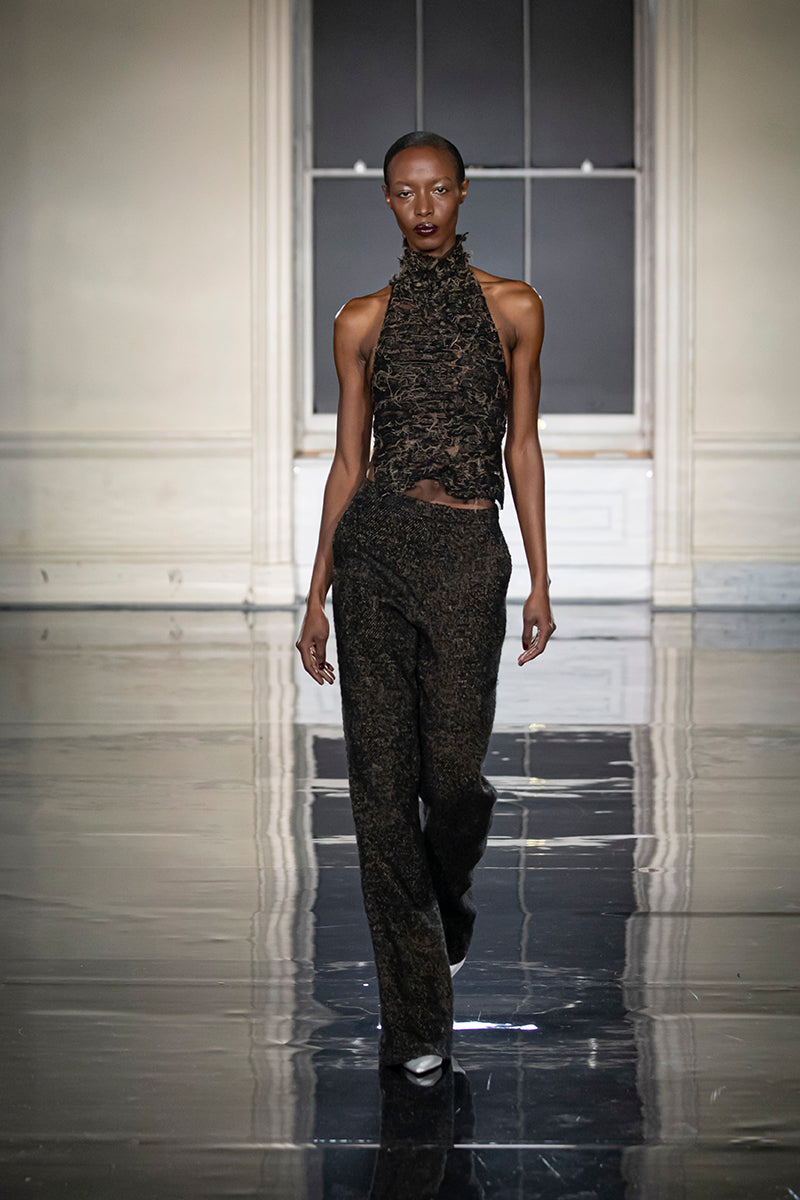 DETRUIRE TEXTURED TWEED AND TULLE HALTER NECK TOP IN BLACK/CARAMEL