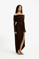 Deme By Gabriella Carmen off-shoulder maxi dress with flowing fabric and elegant design, perfect for summer occasions.