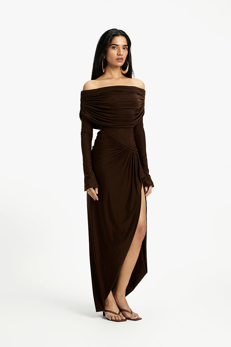 Deme By Gabriella Carmen off-shoulder maxi dress with flowing fabric and elegant design, perfect for summer occasions.