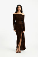 Deme By Gabriella Carmen off-shoulder maxi dress in flowy fabric with a fitted waist and elegant neckline, perfect for summer events.