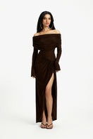 Deme By Gabriella Carmen off-shoulder maxi dress in flowing fabric, featuring a relaxed fit and elegant design.