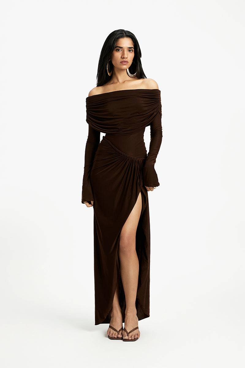 Deme By Gabriella Carmen off-shoulder maxi dress in flowing fabric, featuring a relaxed fit and elegant design.
