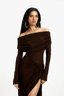 Deme By Gabriella Carmen off-shoulder maxi dress with flowing fabric and floral pattern, perfect for summer occasions.