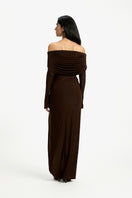 Deme By Gabriella Carmen off-shoulder maxi dress with flowing fabric and elegant design, perfect for summer or special occasions