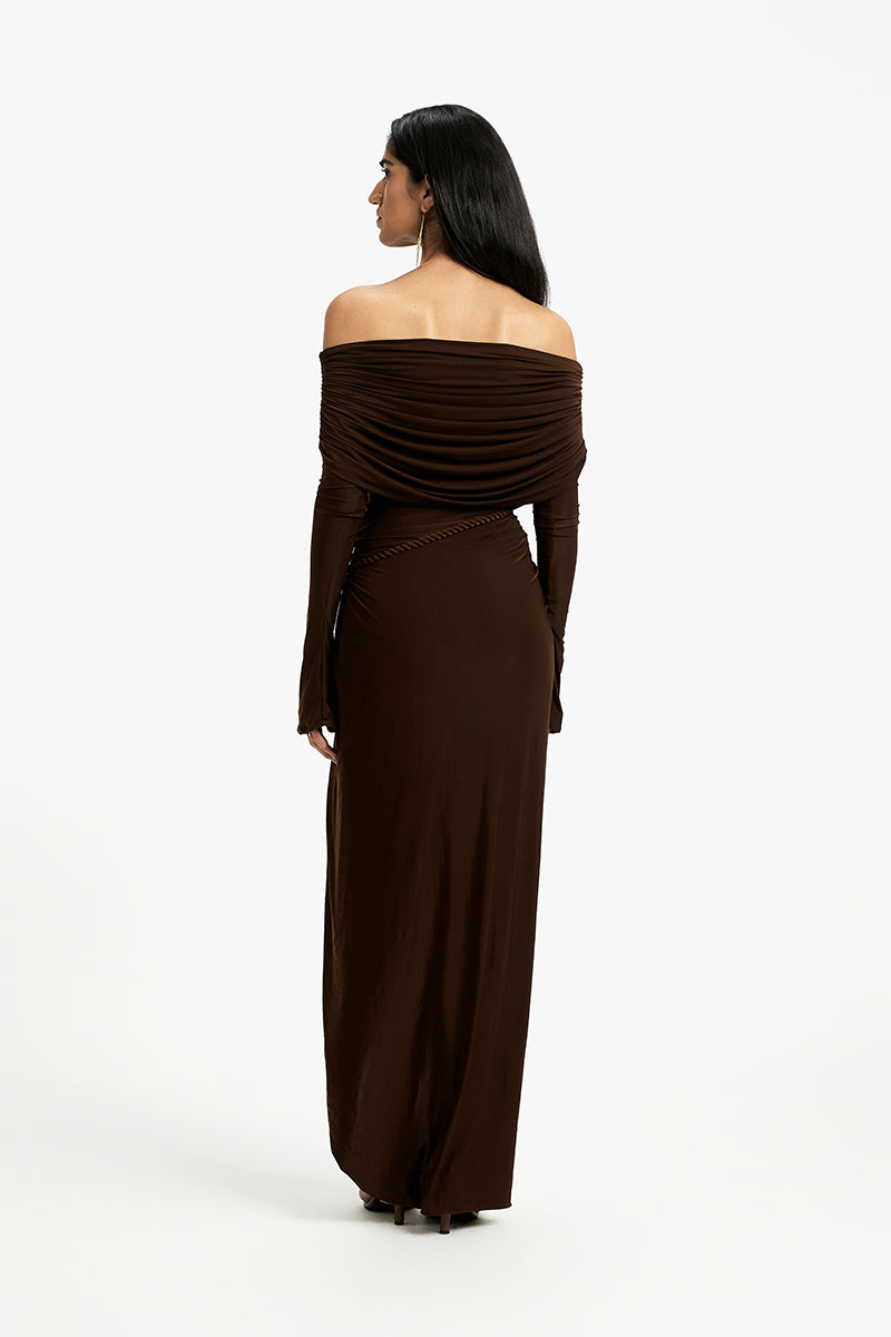 Deme By Gabriella Carmen off-shoulder maxi dress with flowing fabric and elegant design, perfect for summer or special occasions