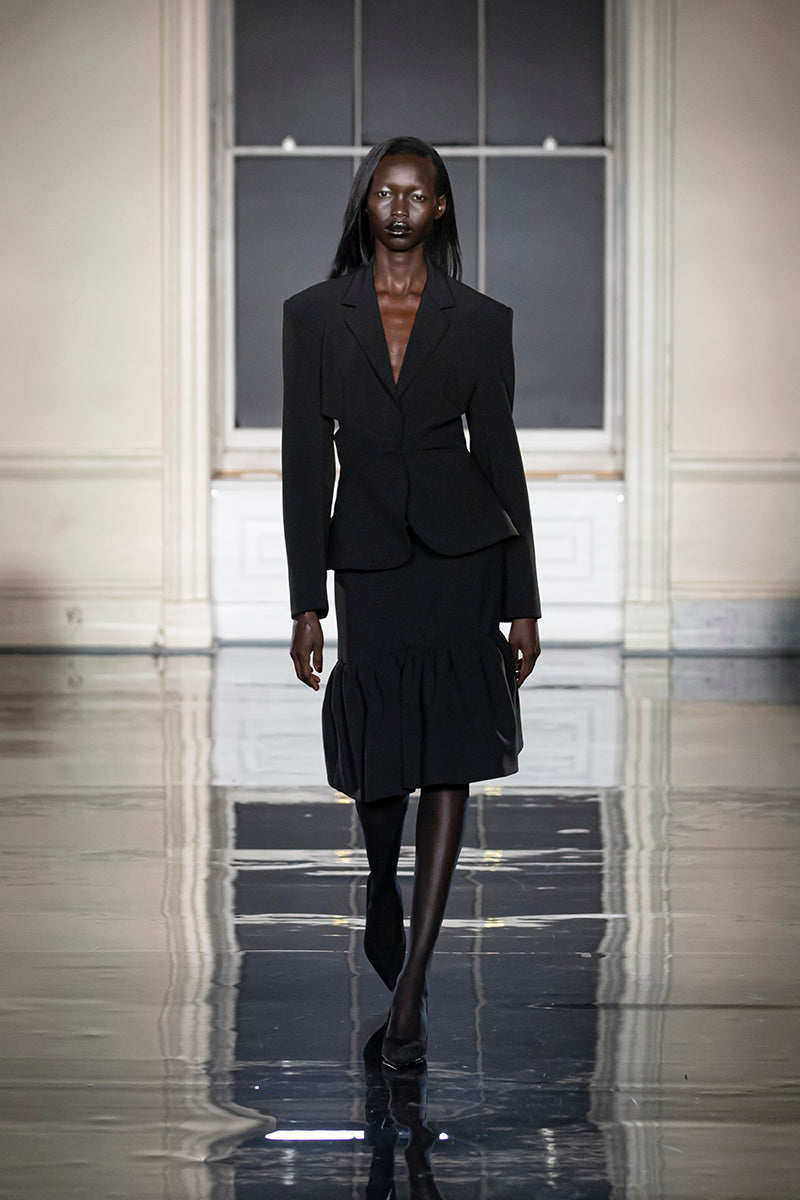 SAFARINA CREPE TAILORED CUTAWAY KNOT JACKET IN BLACK
