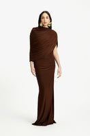 Violet draped maxi dress by Deme By Gabriella featuring flowy fabric and elegant design, perfect for formal occasions.