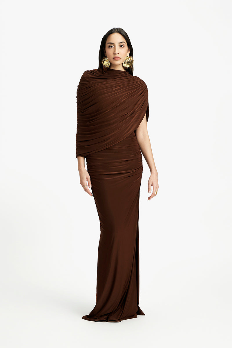 Violet draped maxi dress by Deme By Gabriella featuring flowy fabric and elegant design, perfect for formal occasions.