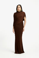 Violet draped maxi dress by Deme By Gabriella featuring flowing fabric and elegant design for formal or casual wear.