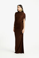 Violet draped maxi dress by Deme By Gabriella featuring flowy fabric and elegant design, perfect for formal or casual occasions.