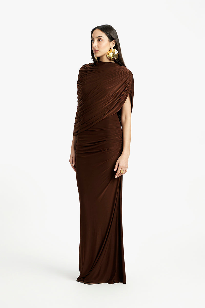 Violet draped maxi dress by Deme By Gabriella featuring flowy fabric and elegant design, perfect for formal or casual occasions.
