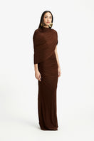 Deme By Gabriella violet draped maxi dress with flowing fabric, sleeveless design, and elegant floor-length style.