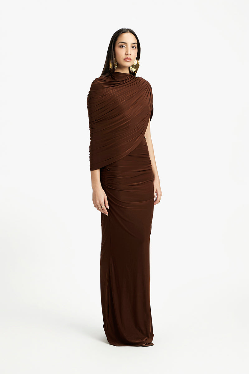 Deme By Gabriella violet draped maxi dress with flowing fabric, sleeveless design, and elegant floor-length style.
