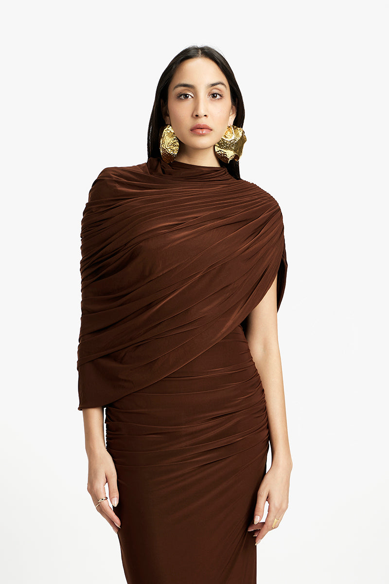 Violet draped maxi dress by Deme By Gabriella featuring flowing fabric and elegant design, perfect for formal occasions.
