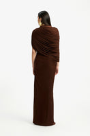 Violet draped maxi dress by Deme By Gabriella featuring flowing fabric and elegant design, perfect for formal or summer occasions.