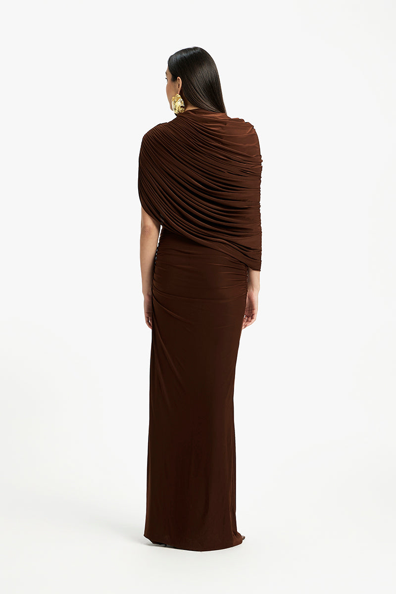 Violet draped maxi dress by Deme By Gabriella featuring flowing fabric and elegant design, perfect for formal or summer occasions.